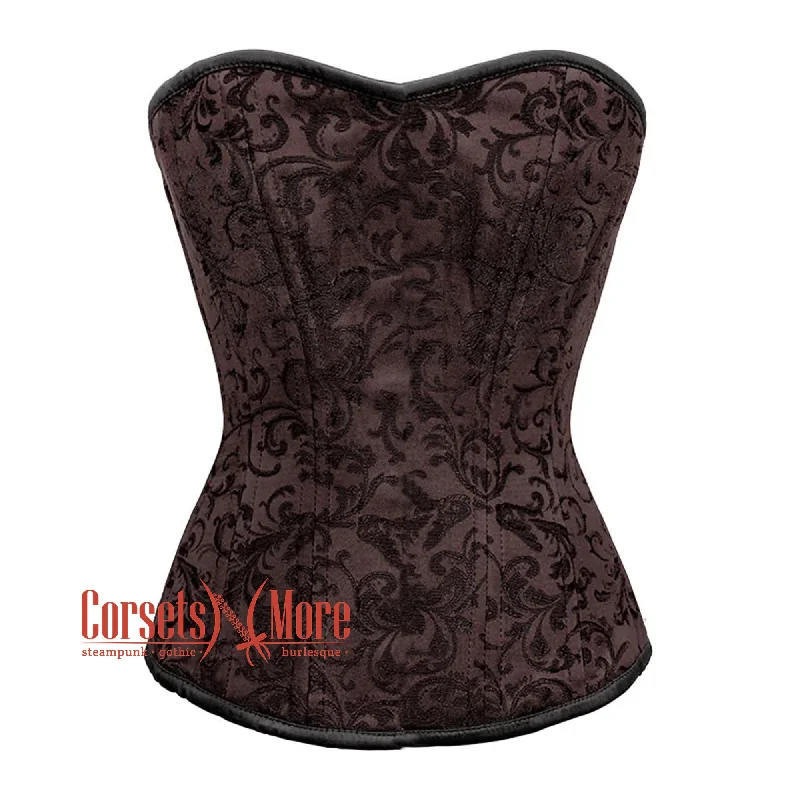 Corset top with bow edging-Brown Brocade Steel Boned Front Closed Overbust Corset