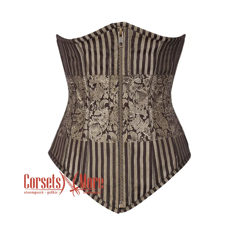 Corset with floral edging-Brown and Golden Brocade With Antique Zipper Gothic Long Underbust Corset