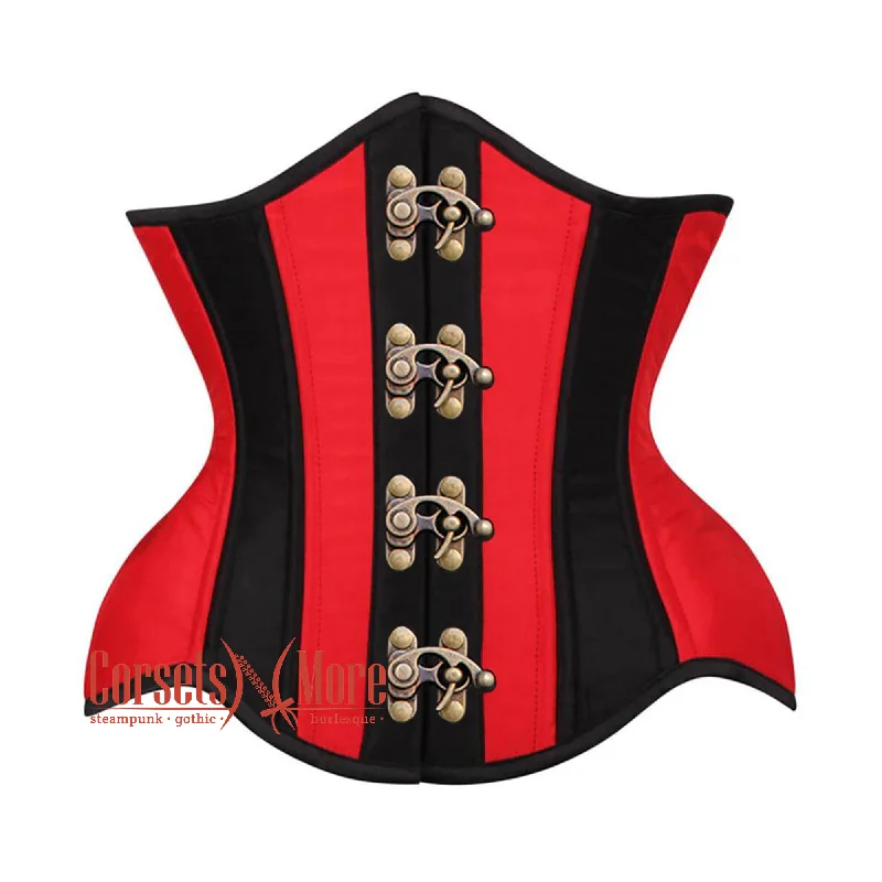 Corset top with bow edging-Plus Size  Red And Black Satin Burlesque Front Antique Clasps Waist Training Underbust Corset