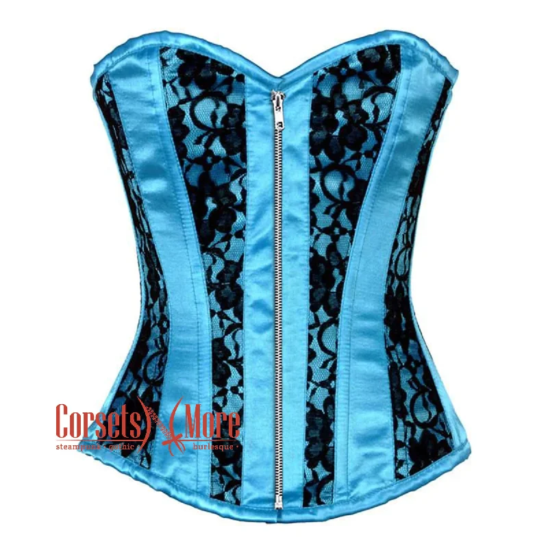 Corset dress for summer grace-Baby Blue Satin With Black Net Front Zipper Gothic Overbust Burlesque Corset