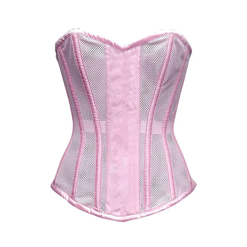 Corset in deep blush-Baby Pink Satin Mesh Front Closed Overbust Corset