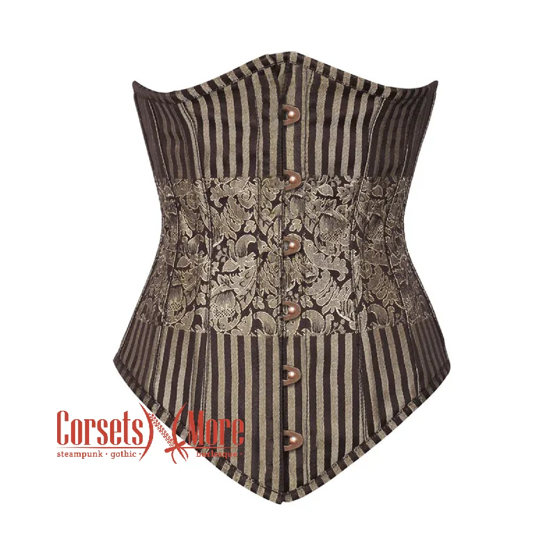 Corset for delicate lines-Brown and Golden Brocade With Front Antique Busk Gothic Long Underbust Corset