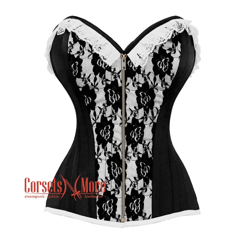 Corset for striking fit-Black And White Satin With Front Antique Zipper Overbust Corset