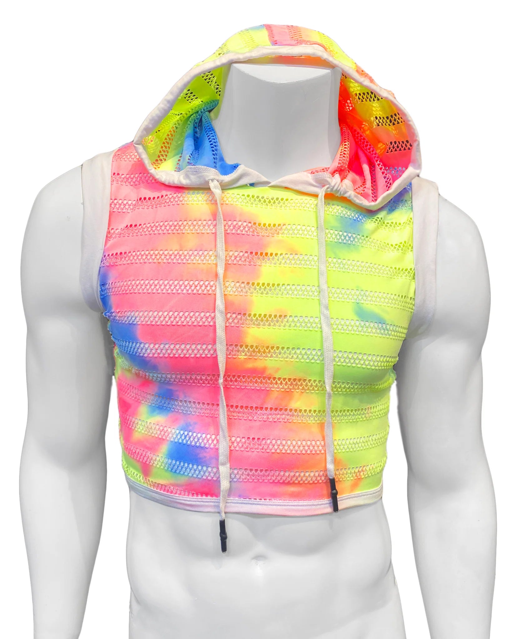 Silicone toys with ridges-Hooded Crop Top Rainbow Tie Dyed Mesh - White