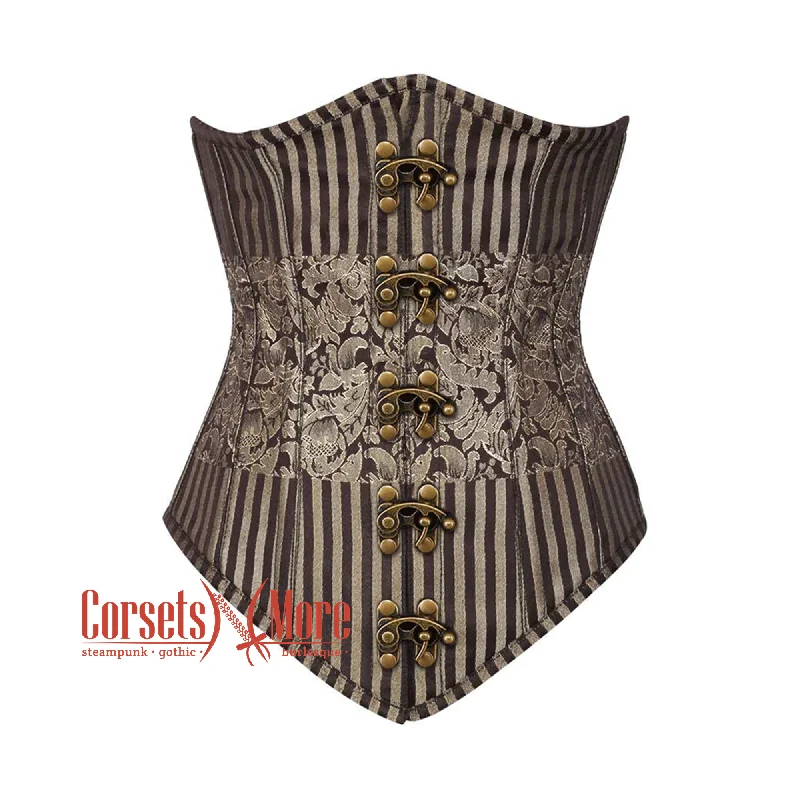 Corset dress in pale jade-Brown and Golden Brocade With Front Clasps Gothic Long  Underbust Waist Training Bustier Corset