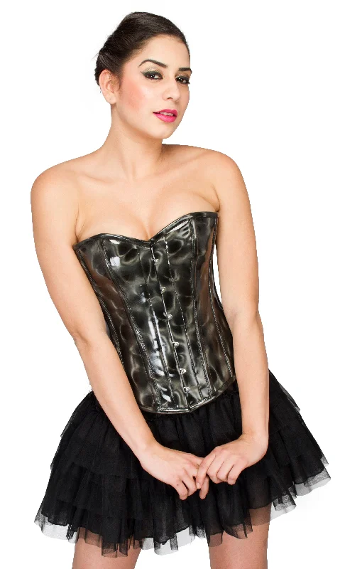 Corset in light silver-Black Leather Waist Cincher Overbust Women Corset with Tutu Skirt Dress