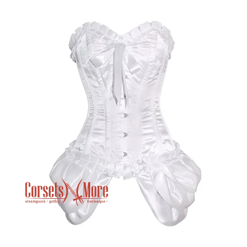 Corset top with sheer hem-White Satin Frill  With Front Silver Busk Overbust Corset