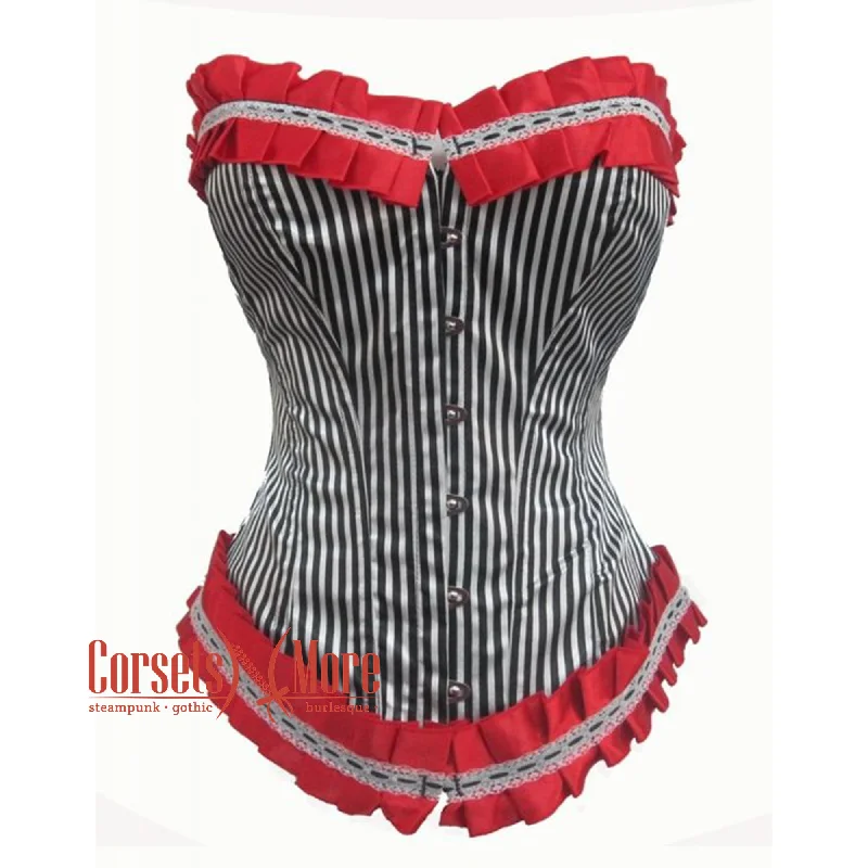 Corset for timeless glamour-Black And White Cotton Striped With Red Frill Gothic Overbust Corset