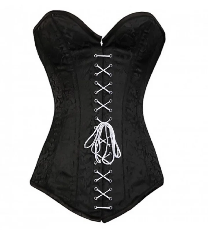 Corset with velvet trim-Plus Size Black Brocade Gothic Overbust Corset Burlesque Costume Waist Training Front White Lace LONGLINE Bustier Top