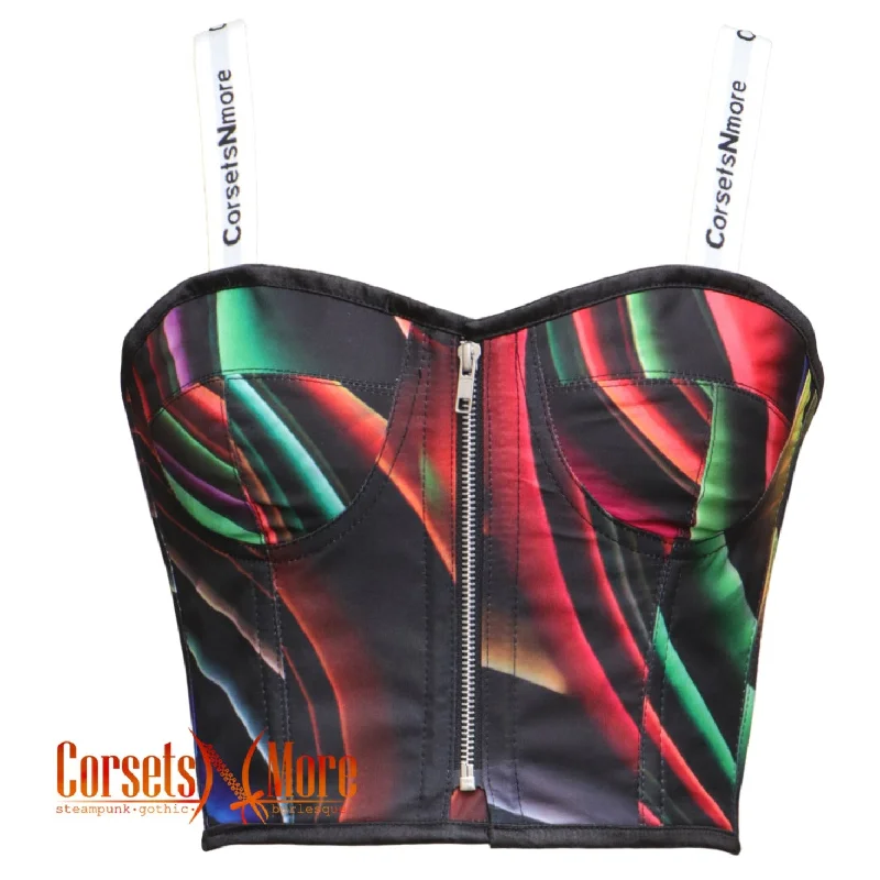 Corset dress for winter grace-Colorful Lines Printed Poly Satin Overbust Crop Corset