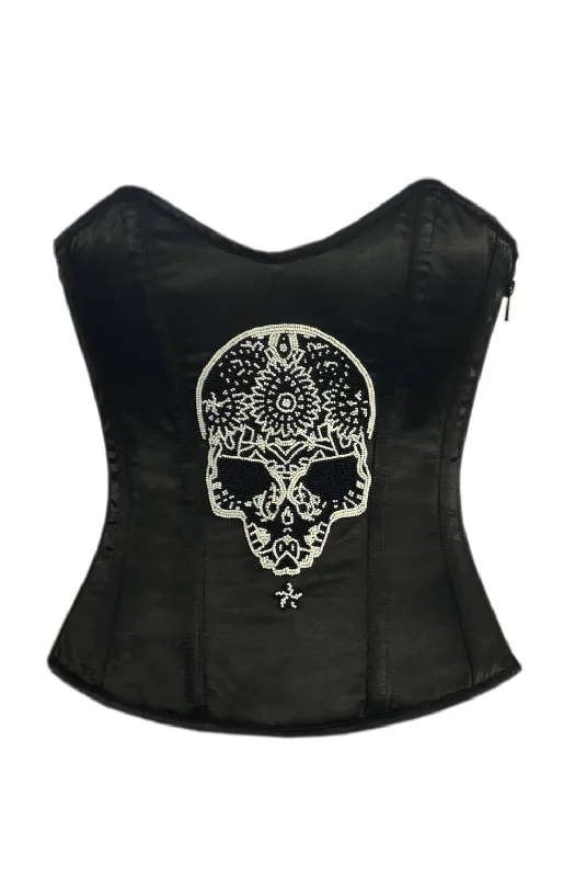 Corset top with sheer overlay-Black Satin Corset Zipper Handmade Sequins Skull Waist Training Overbust Bustier Top