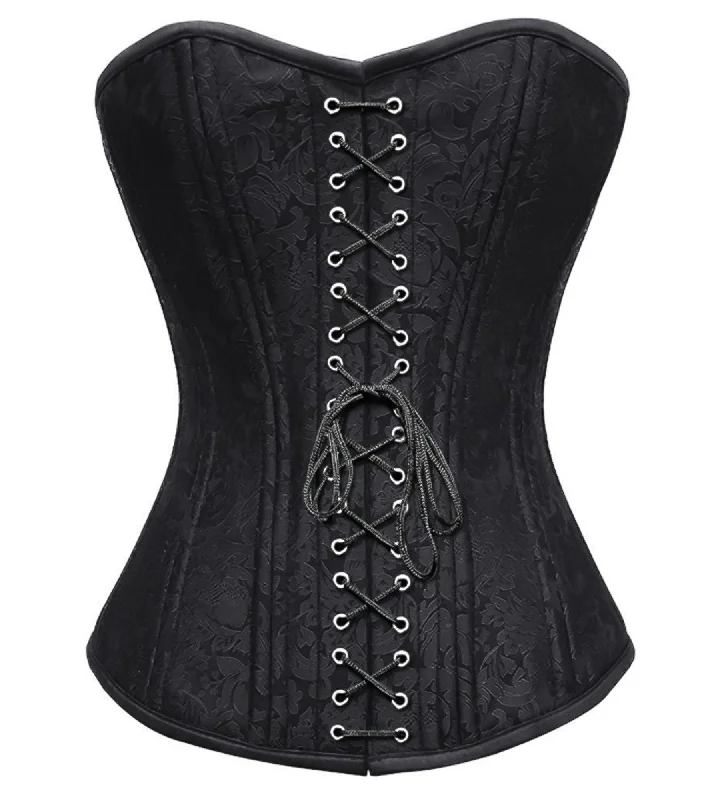 Corset top with gathered straps-Black Brocade Spiral Steel Boned Overbust Plus Size Corset Front Lace Opening Waist Training Bustier Top