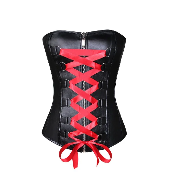 Corset dress with draped overlay-Plus Size Black Faux Leather Red Satin Lace Gothic Overbust Corset Waist Training Bustier Steampunk Costume