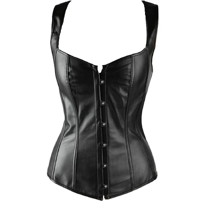 Corset top in rich suede-Black Faux Leather Shoulder Straps Gothic Steampunk Corset Overbust Bustier