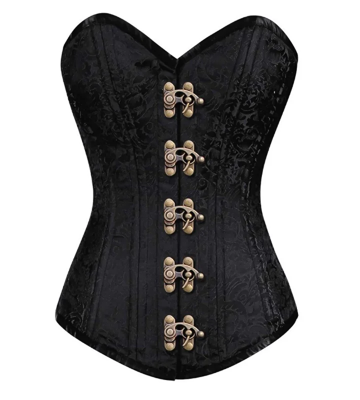 Corset dress for festive nights-Black Brocade Spiral Steel Boned LONGLINE Corset Goth Waist Training Burlesque Costume Antique Seal Lock Opening Overbust Bustier Top