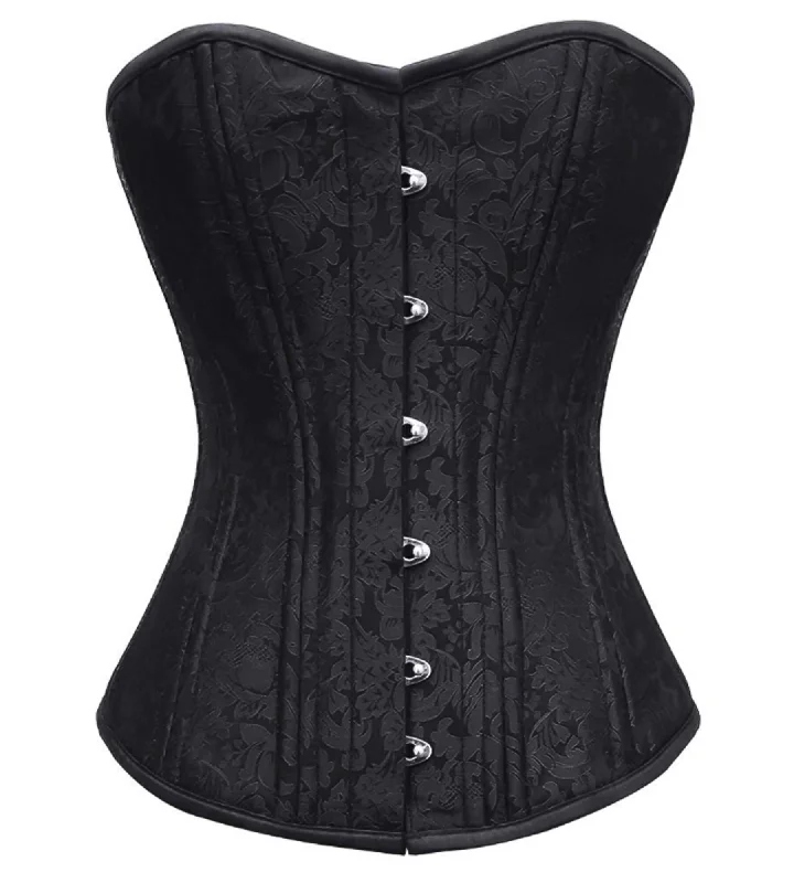 Corset dress with pleated skirt-Black Brocade Spiral Steel Boned Corset Waist Training Bustier Overbust Corset Top