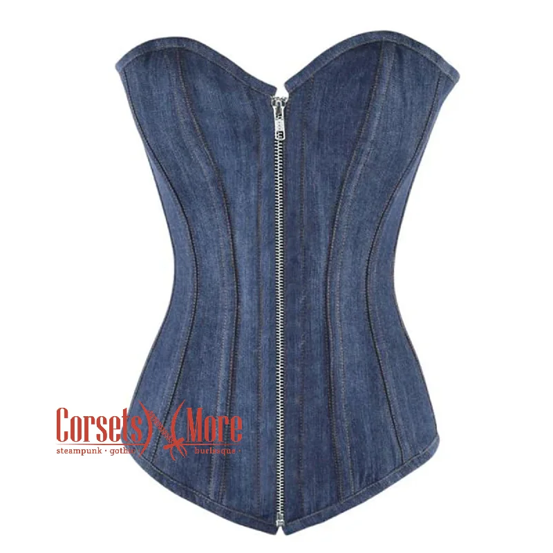 Corset for subtle grace-Blue Denim With Silver Zipper Gothic Overbust Burlesque Corset Waist Training Top