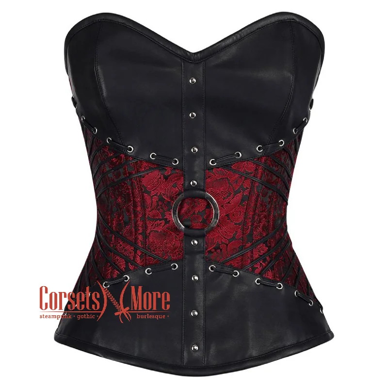 Corset dress in rich indigo-Red and Black Brocade Leather Belt Steampunk Sexy Waist Training Overbust Corset Bustier Top