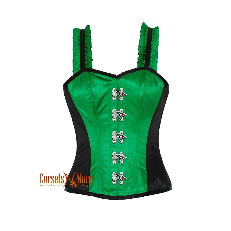 Corset dress in deep teal-Green And Black Satin Corset With Shoulder Strap Overbust Front Clasps Top