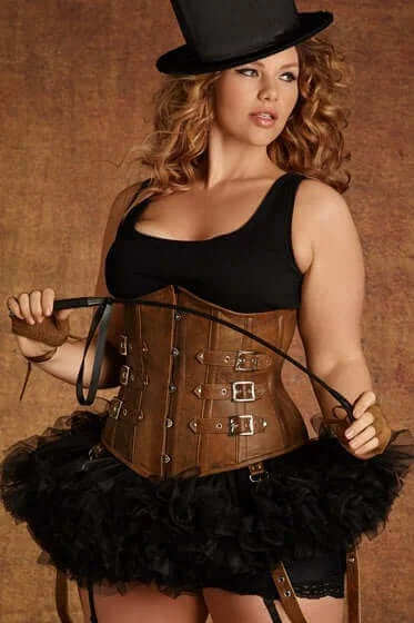 Corset dress with draped overlay-Ringmaster or Ringmistress Tan Leather Corset