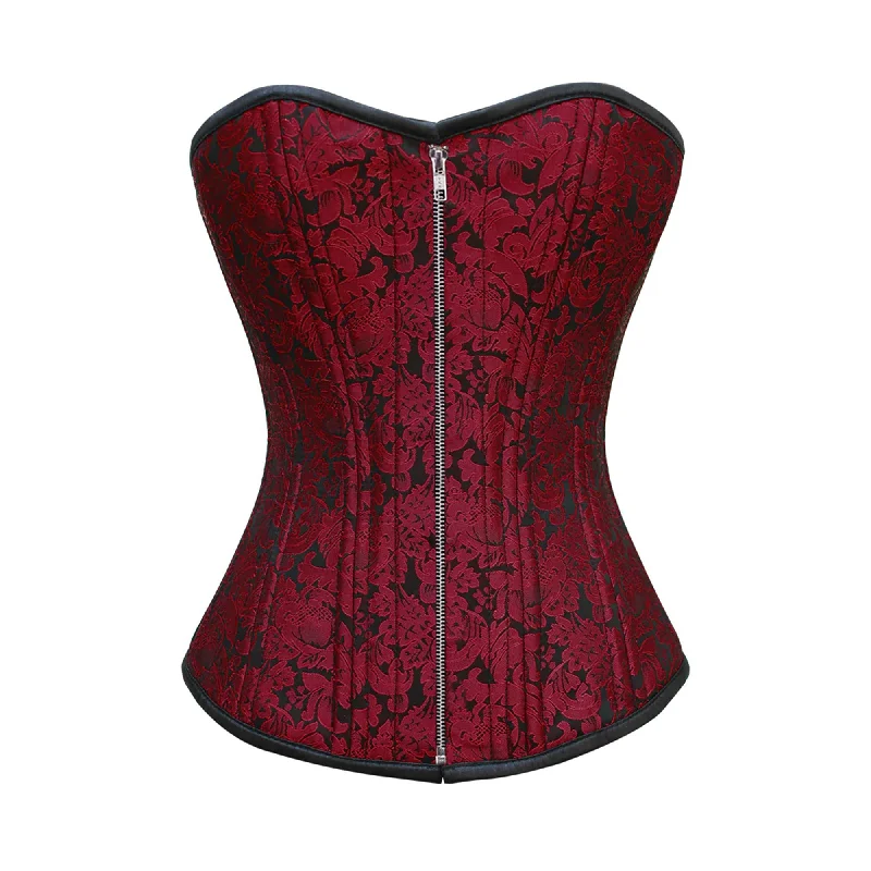 Corset top with sheer back-Red Brocade With Front Zipper Double Bone Overbust Corset