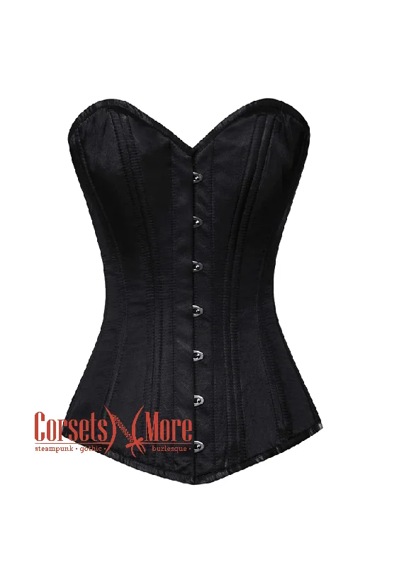 Corset dress in pale lavender-Black Satin Double Bone Gothic Burlesque Waist Training Bustier Long Overbust Corset Costume