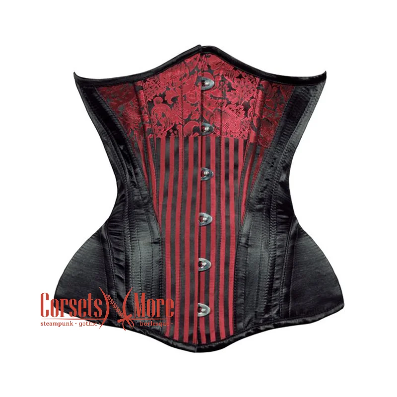 Corset with satin piping-Plus Size  Red Brocade Black Satin Double Bone Burlesque Waist Training Underbust Corset