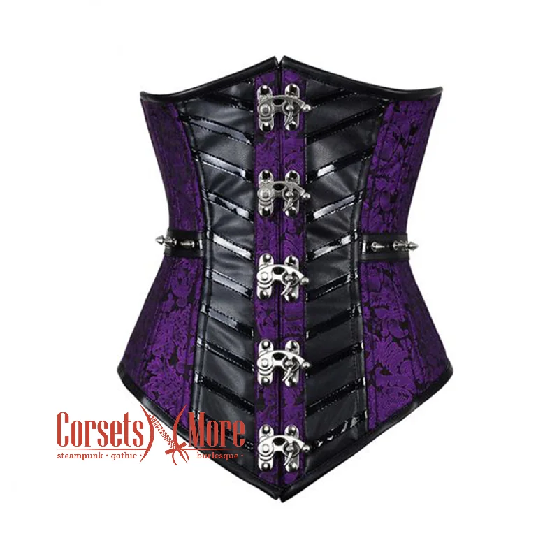 Corset top with floral trim-Purple And Black Brocade With Faux Leather Stripe Long Underbust Corset