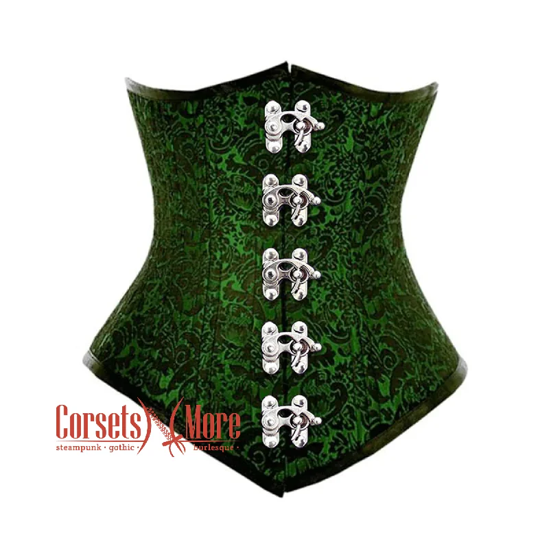 Corset with satin piping-Green And Black Brocade Front Clasps Gothic Waist Training Underbust Corset Bustier Top