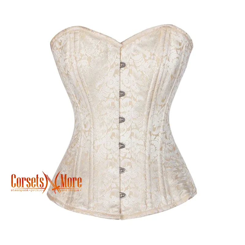 Corset with lace piping-Plus Size Cream Brocade Double Bone Overbust  Gothic Corset