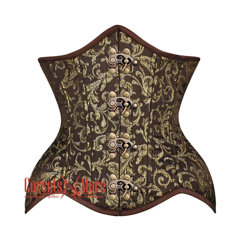 Corset in muted taupe-Brown And Golden Brocade Front Clasps Double Bone Steampunk Gothic Waist Training Underbust Corset