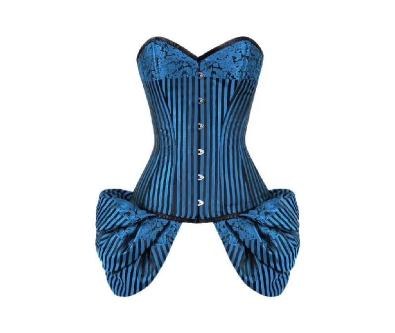 Corset top in muted coral-Blue Black Brocade Side Flounce Burlesque Corset Waist Training Overbust