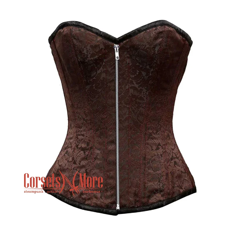 Corset for sleek flair-Brown Brocade With Front Silver Zipper Overbust Corset