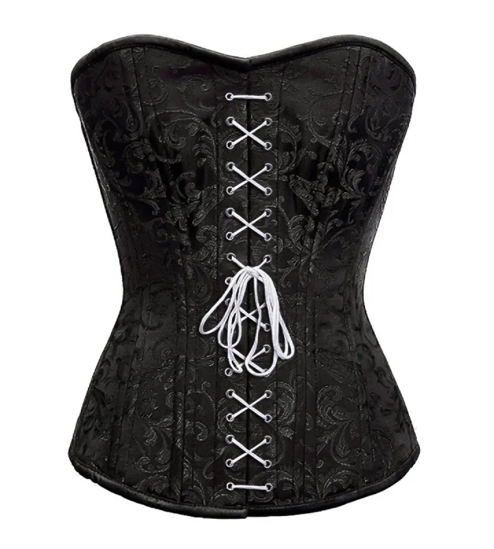 Corset for bold contours-Plus Size Black Brocade Spiral Steel Boned Overbust Corset White Lace Front Opening Waist Training Bustier Top