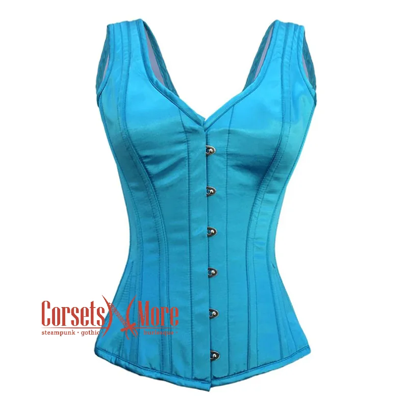 Corset for refined charm-Baby Blue Satin With Front Silver Busk Gothic Overbust Burlesque Corset Waist Training Top