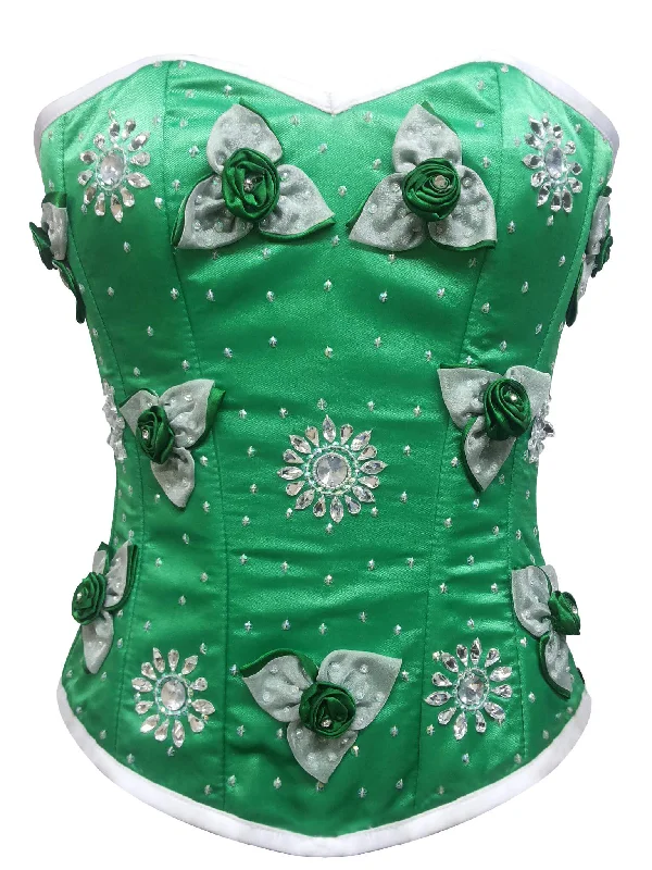 Corset dress with sheer skirt-Green Satin Sequins Gothic Burlesque Corset Waist Training Women Overbust