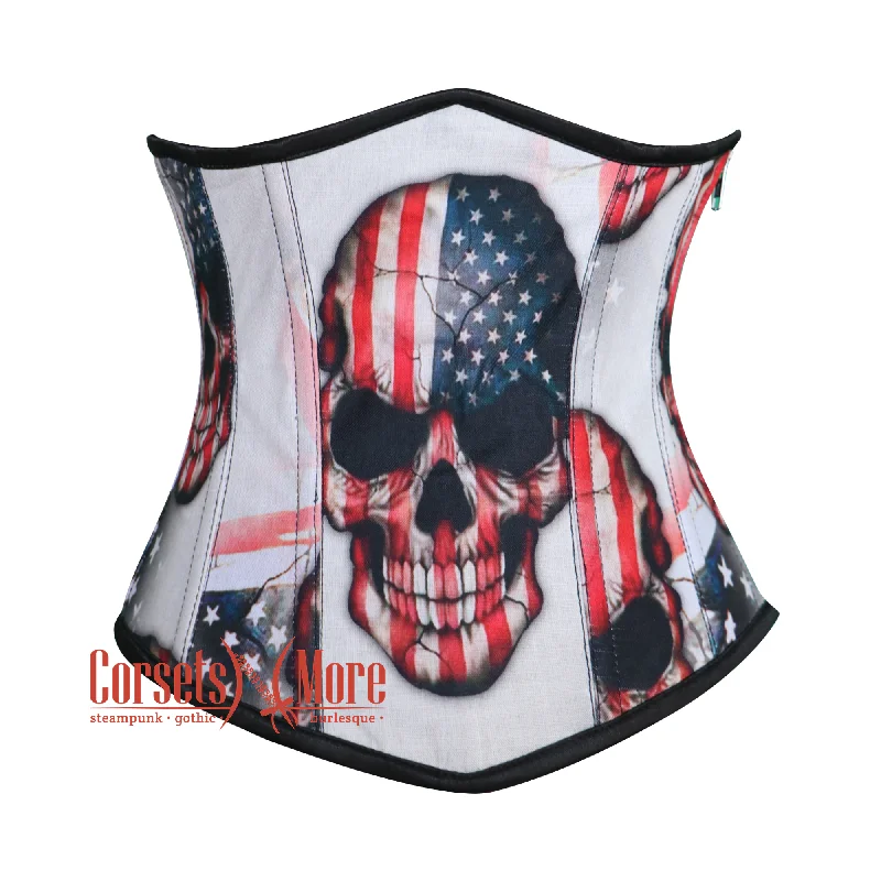 Corset for elegant lines-USA Flag Printed Skull Cotton Underbust Gothic Corset Top Haunted Costume