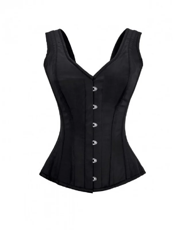 Corset top with sheer ruffles-Black Satin Shoulder Strap Gothic Plus Size Overbust Corset Waist Training