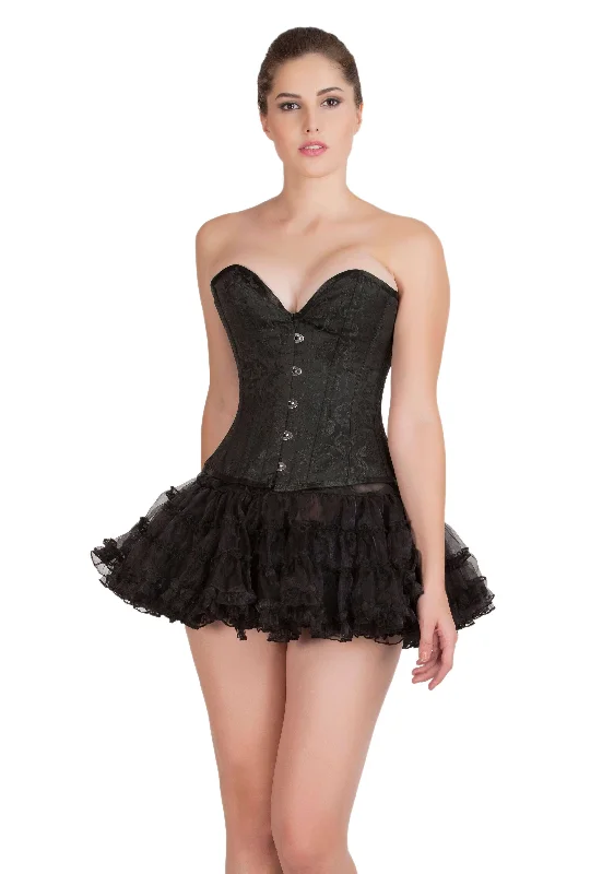 Corset top with floral mesh-Black Brocade Gothic Corset Burlesque Bustier Waist Training Overbust Top