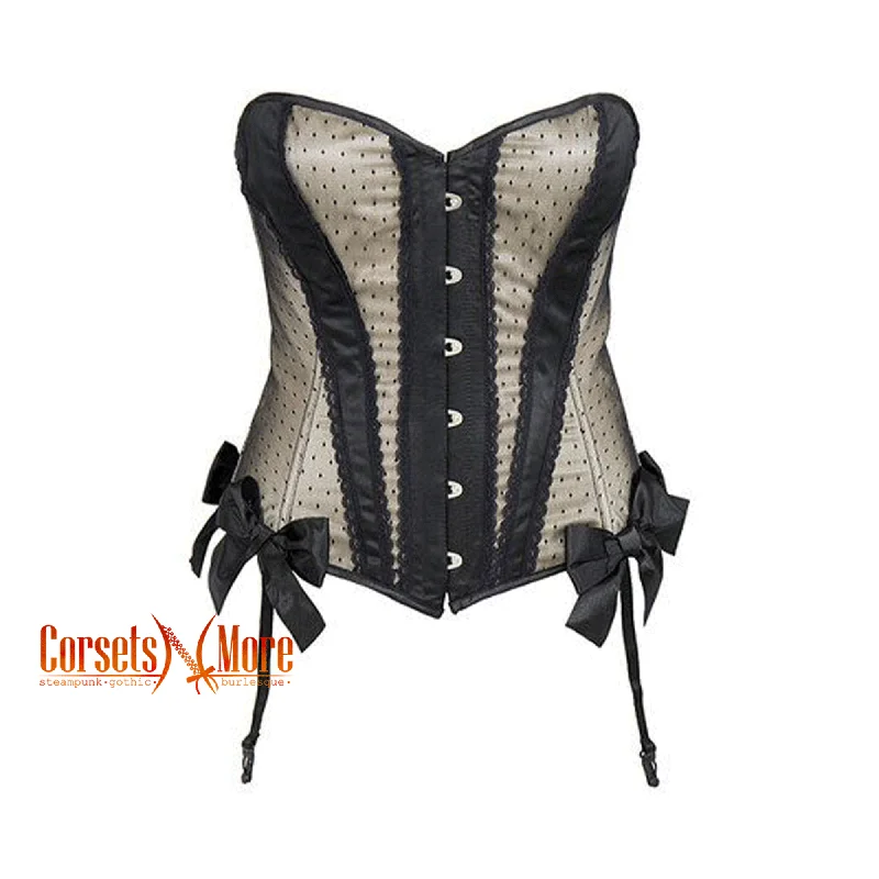 Corset for smooth contours-Ivory Satin Polka Dots Net Overlay  Burlesque Overbust Gothic Corset