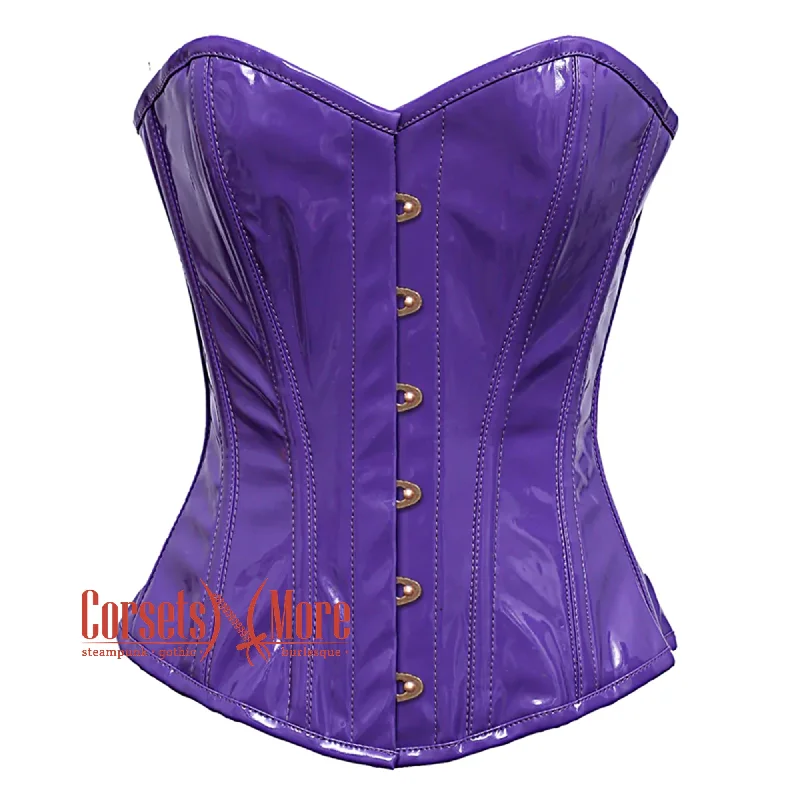 Corset dress in rich indigo-Purple PVC Leather With Front  Antique Busk Gothic Overbust Burlesque Corset Waist Training Top