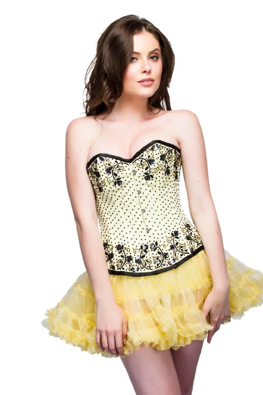 Corset dress for spring events-Yellow Satin Black Sequins Corset For Halloween Overbust Top