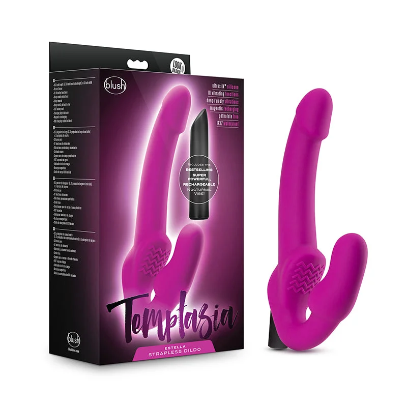 Vibrator bargain buy-Blush Temptasia Estella 9.5 in. Silicone Strapless Strap-On Dildo with Rechargeable Bullet Vibrator Pink