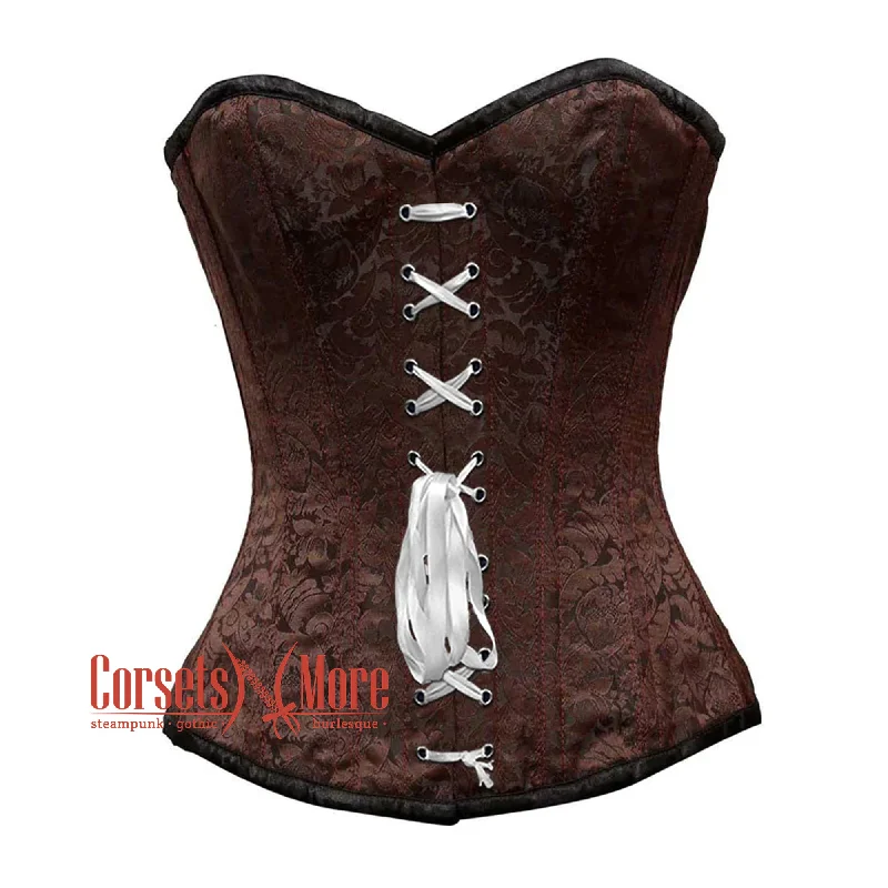 Corset top in soft teal-Brown Brocade With Front White Lace Overbust Corset