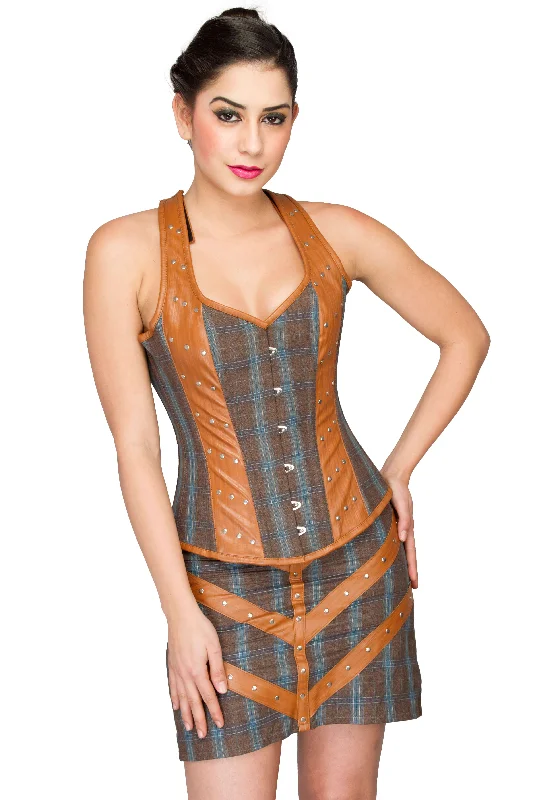 Corset with lace straps-Cotton & Leather Straps Corset Overbust Top