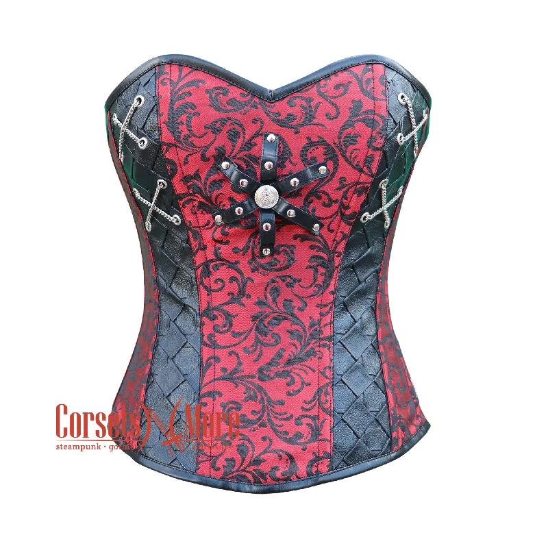 Corset with floral overlay-Red and Black Brocade Steampunk Leather Gothic Costume Overbust Corset Top