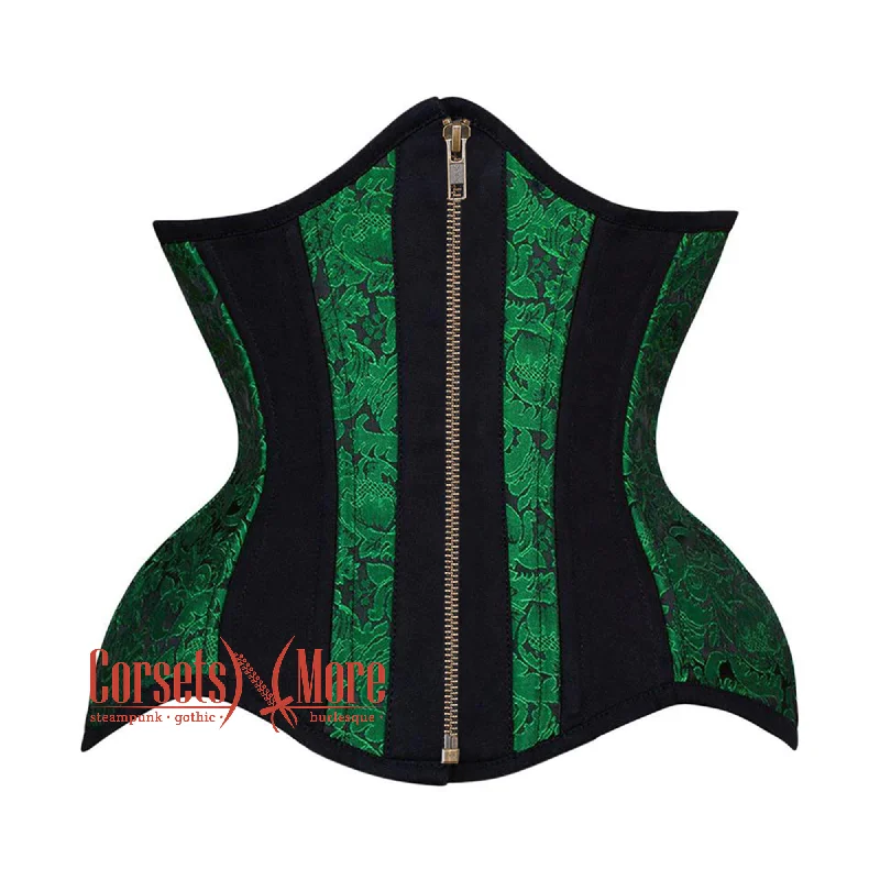 Corset with satin inserts-Green Black Brocade Black Cotton Stripe Front Zipper Steampunk Underbust Corset