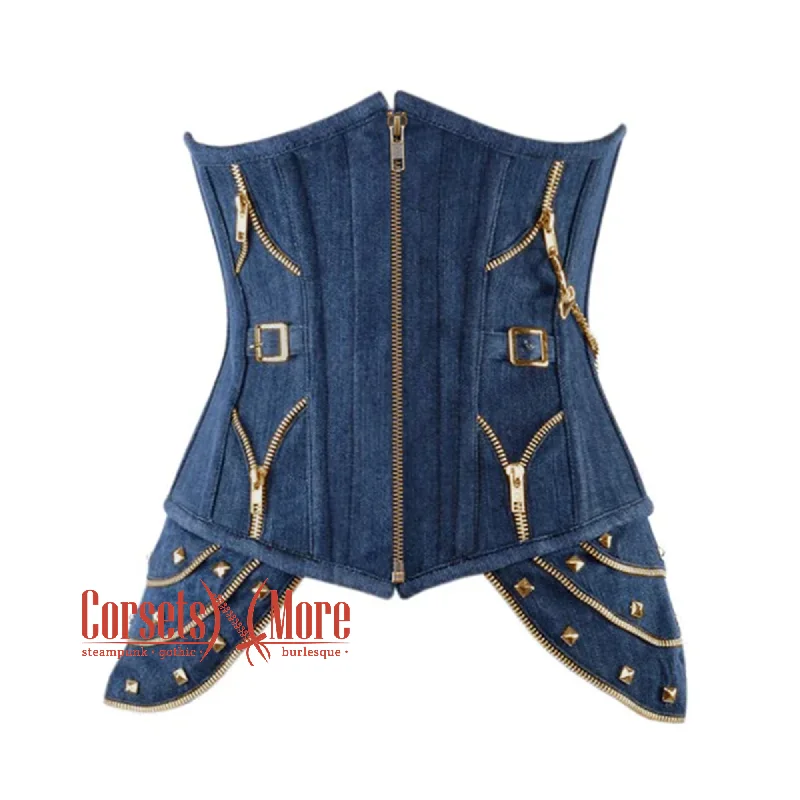 Corset in muted blush-Plus Size  Blue Denim Gothic Heavy Duty Front Zipper Steampunk Waist Training Underbust Corset