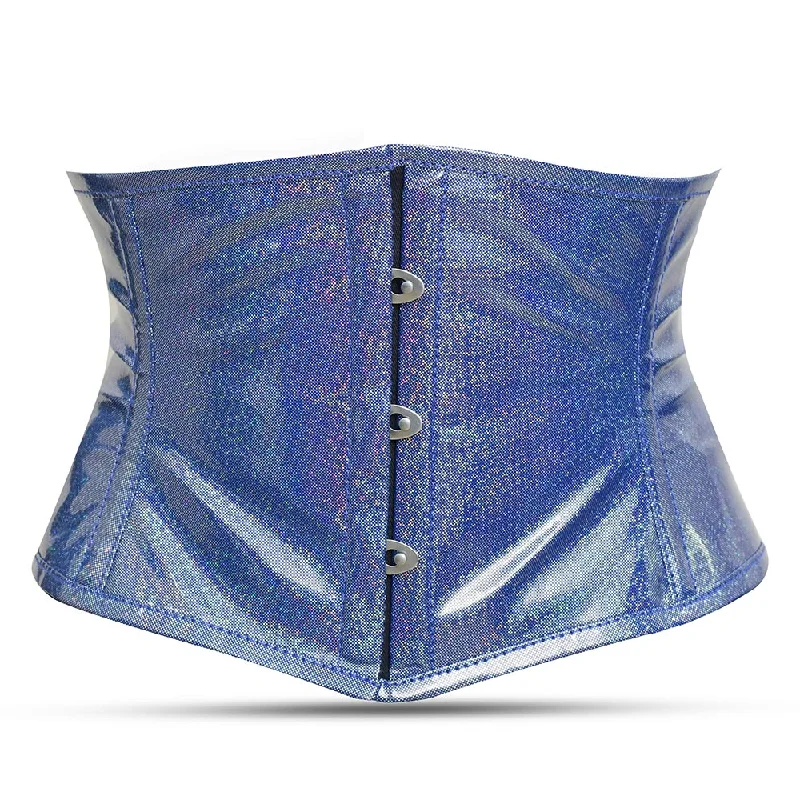 Corset with floral mesh-Short Torso Light Blue Shiny corset -  Waist cincher