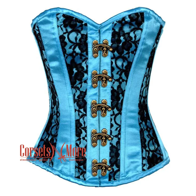 Corset with lace edging-Baby Blue Satin With Black Net Front Clasps Gothic Overbust Burlesque Corset